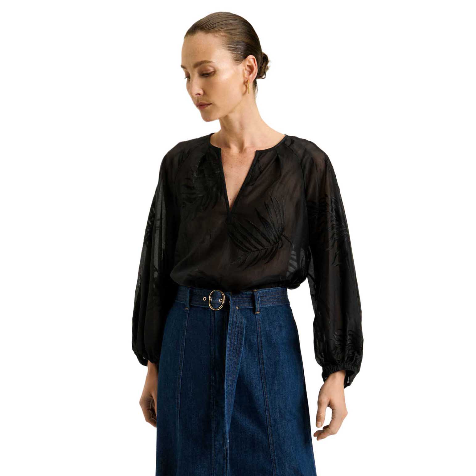 Veronika Maine Palm Embroidery Blouson Sleeve Top